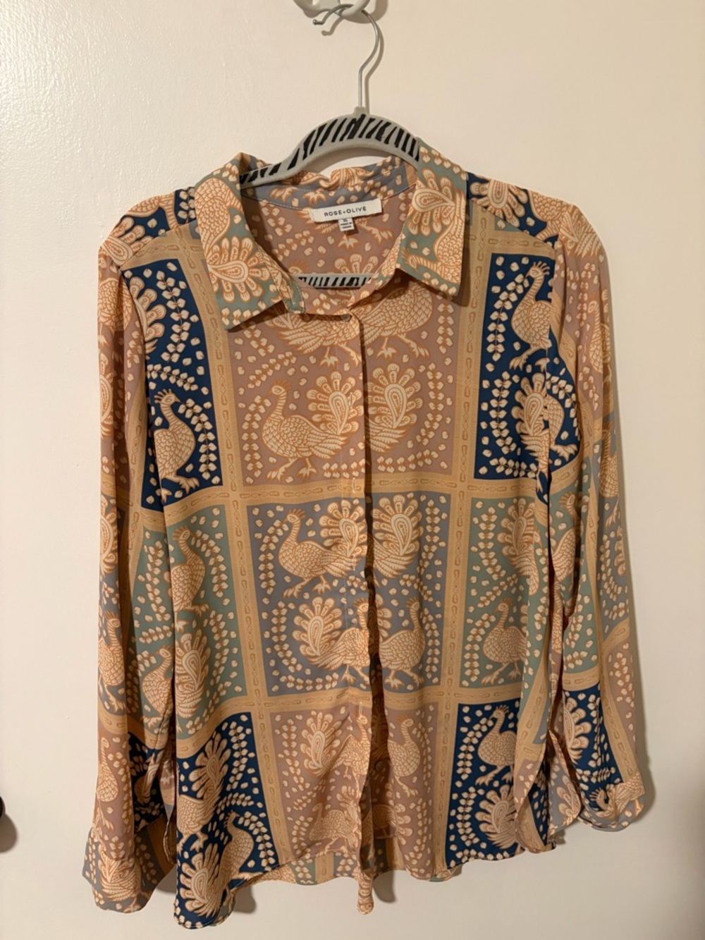 Rose & Olive Paisley Patchwork Button-Down in Tan, Navy, and Sage - Picture 2 of 6